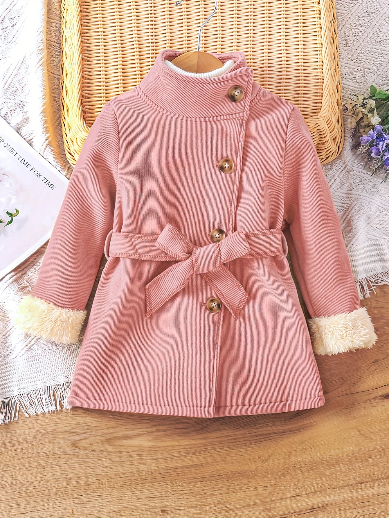 Baby Girls Solid High Neck Fleece Coat With Belt Kids Winter Jacket