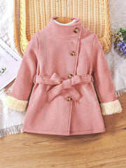Baby Girls Solid High Neck Fleece Coat With Belt Kids Winter Jacket