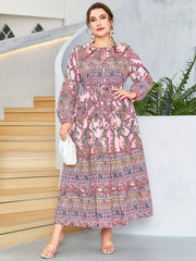Boho Abaya Dress Plus Paisley Print Tie Neck Maxi Dress