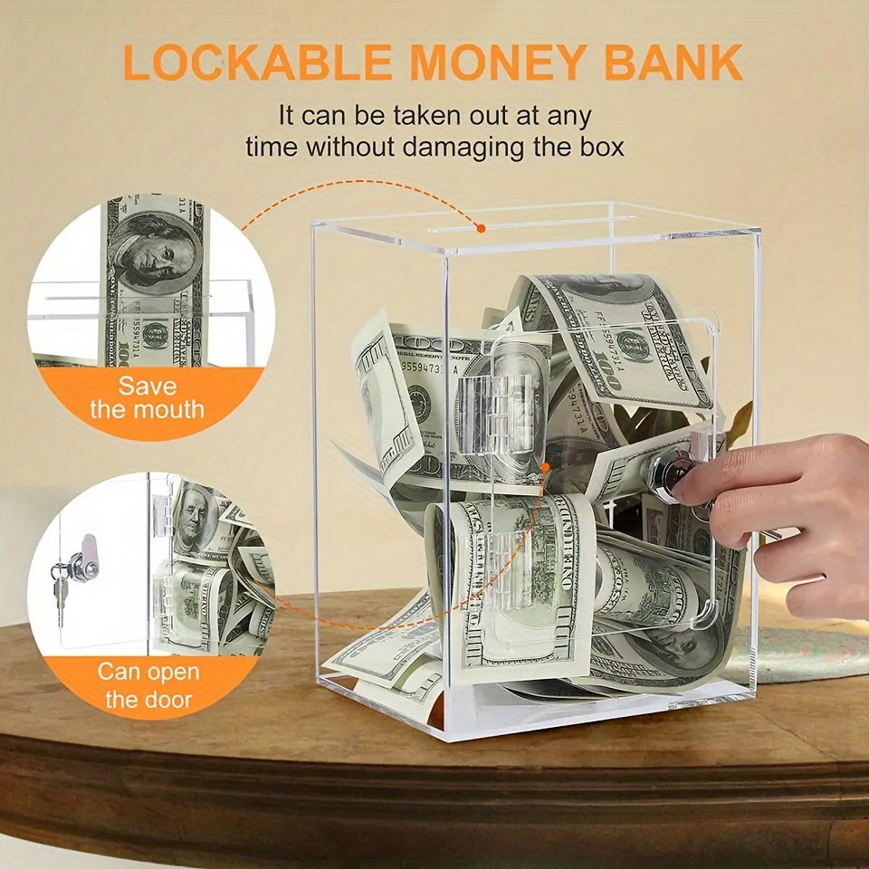 Clear Acrylic Square Piggy Bank with Lock and Door