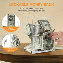 Clear Acrylic Square Piggy Bank with Lock and Door
