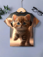 3D Kitten Graphic Short Sleeve T shirt Girls Summer Tops