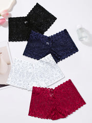 4pcs Lace Boyshort Panties Soft Scallop Trim Women's Lingerie