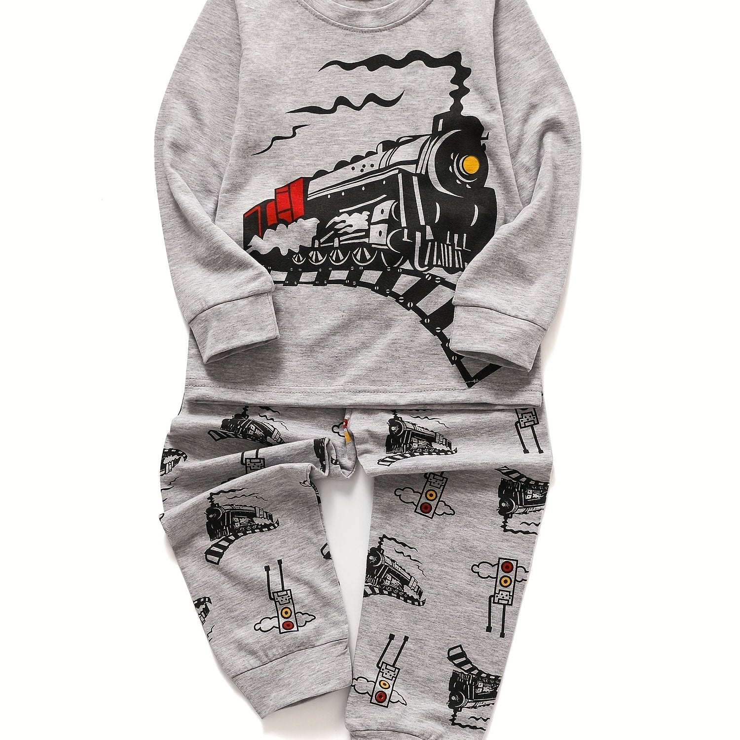 Boys Train Print Pajama Set Long Sleeve Top & Pants Homewear Kids Clothes
