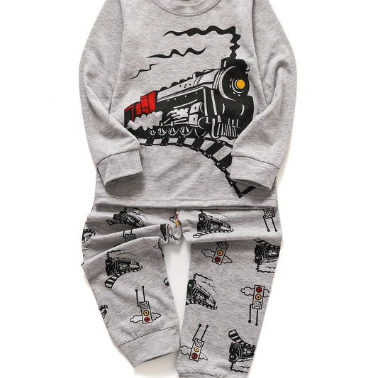Boys Train Print Pajama Set Long Sleeve Top & Pants Homewear Kids Clothes