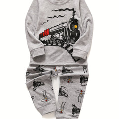 Boys Train Print Pajama Set Long Sleeve Top & Pants Homewear Kids Clothes