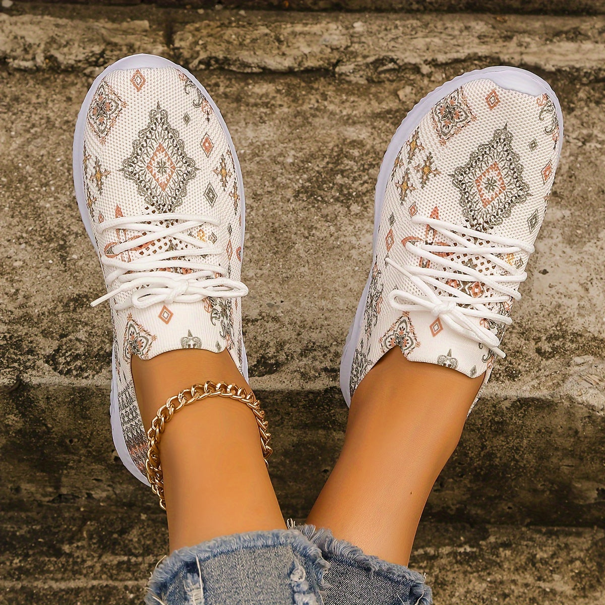 Baroque Print Mesh Lightweight Running Shoes Non Slip Outdoor Sneakers
