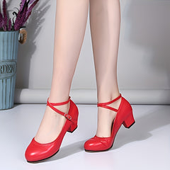 Women's Dance Shoes Cross Strap Chunky Heel Pumps
