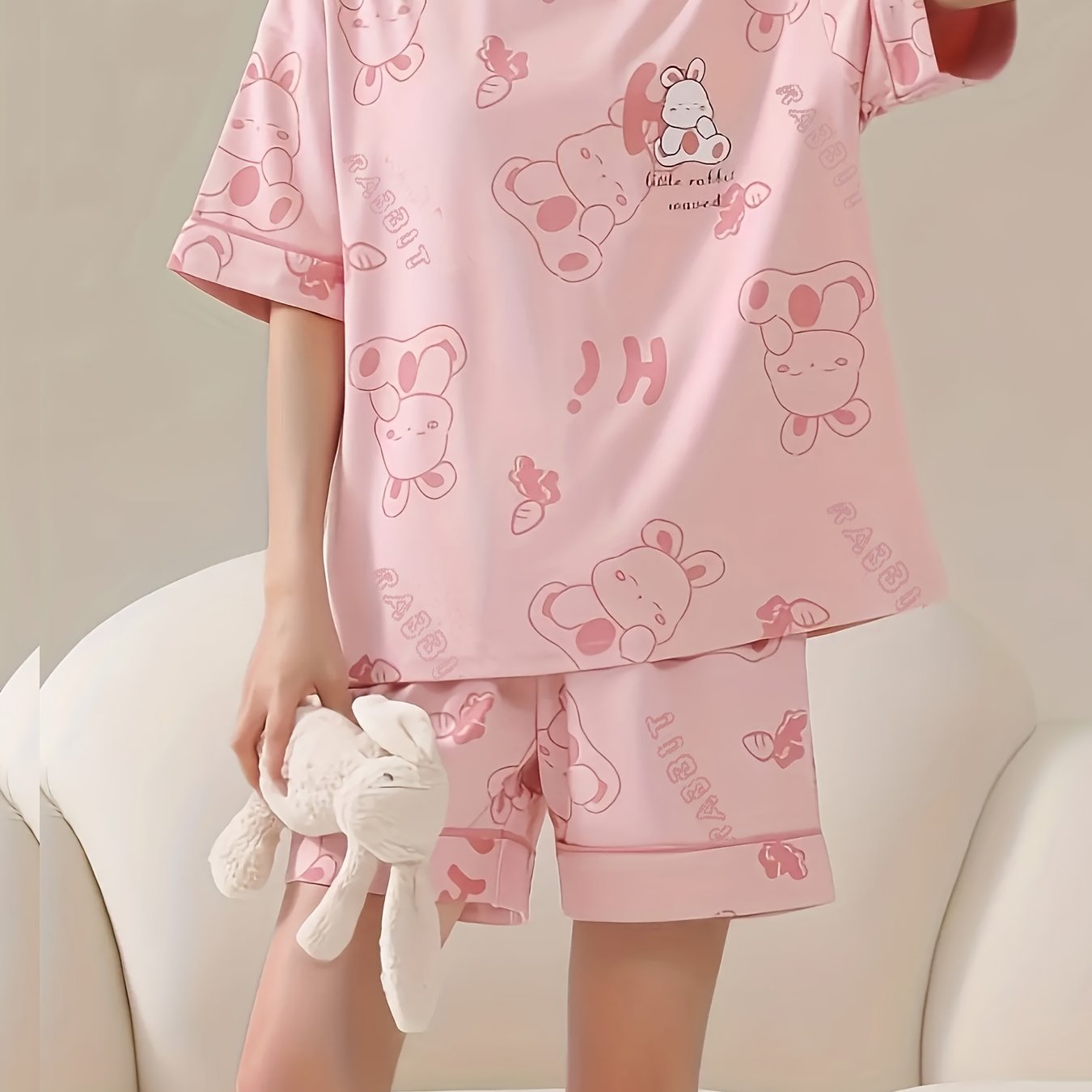 Bunny Print Pajamas Set Crew Neck Top & Shorts