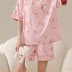 Bunny Print Pajamas Set Crew Neck Top & Shorts