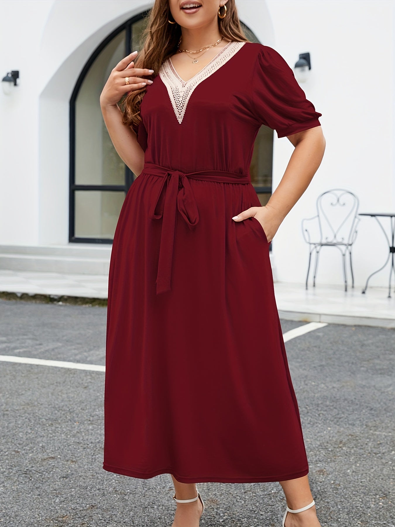 Contrast Lace Short Sleeve V Neck Belted Dress