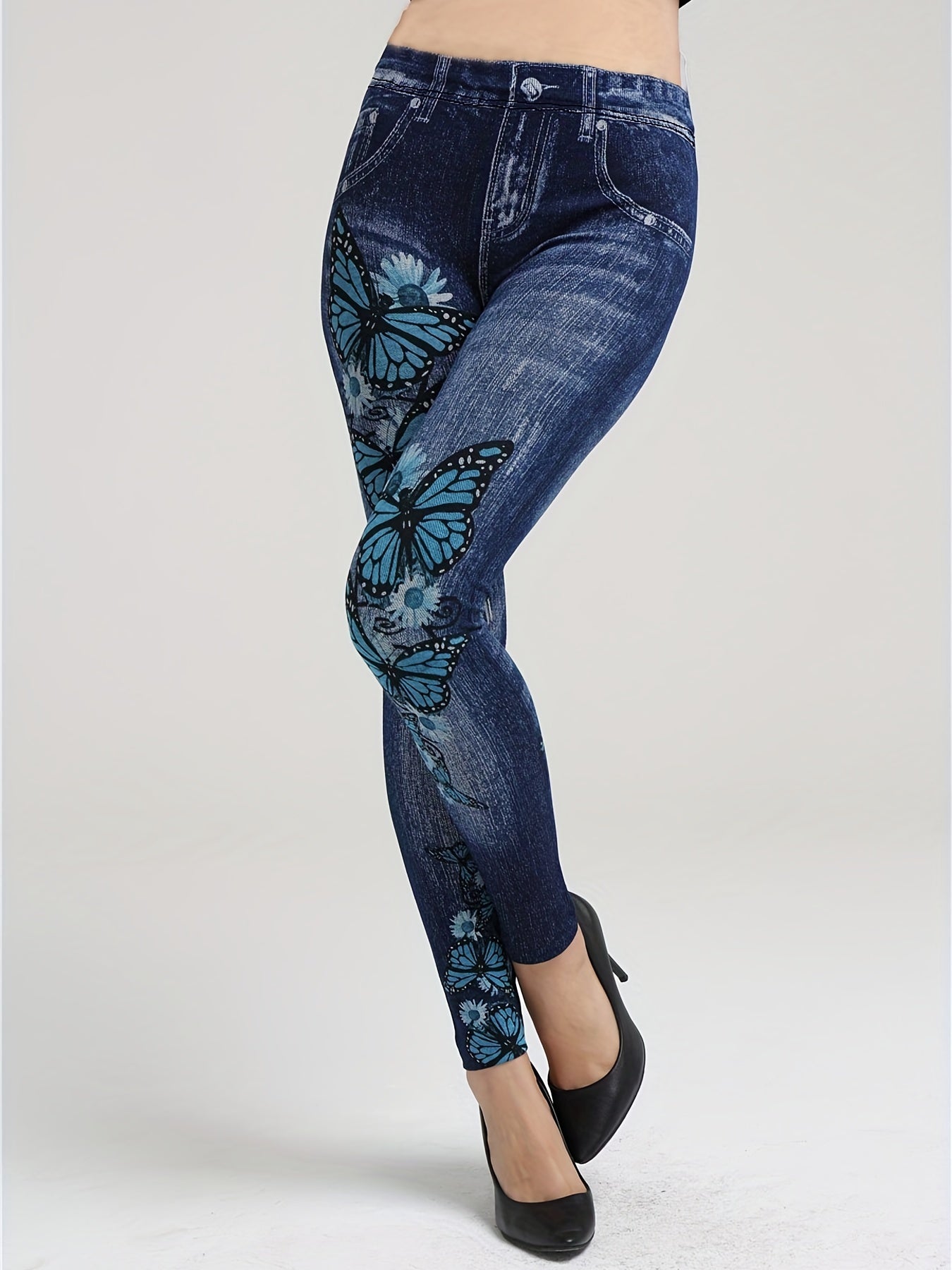 Butterfly & Denim Print Leggings Casual Stretchy Skinny Leggings