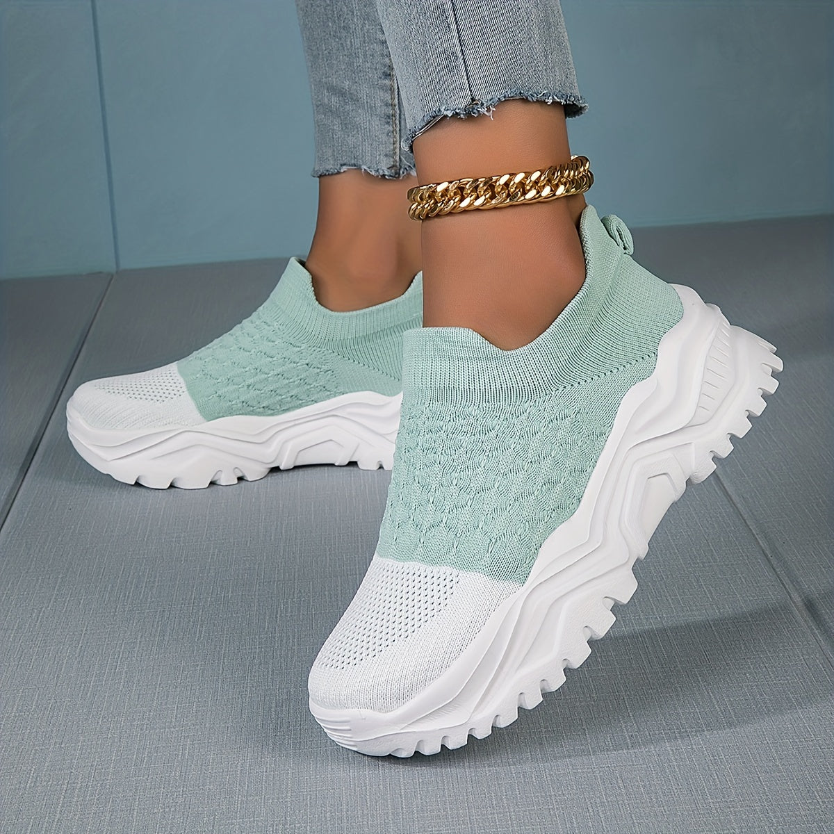 Two Tone Chunky Sneakers for Women Slip On Comfortable Walking Shoes
