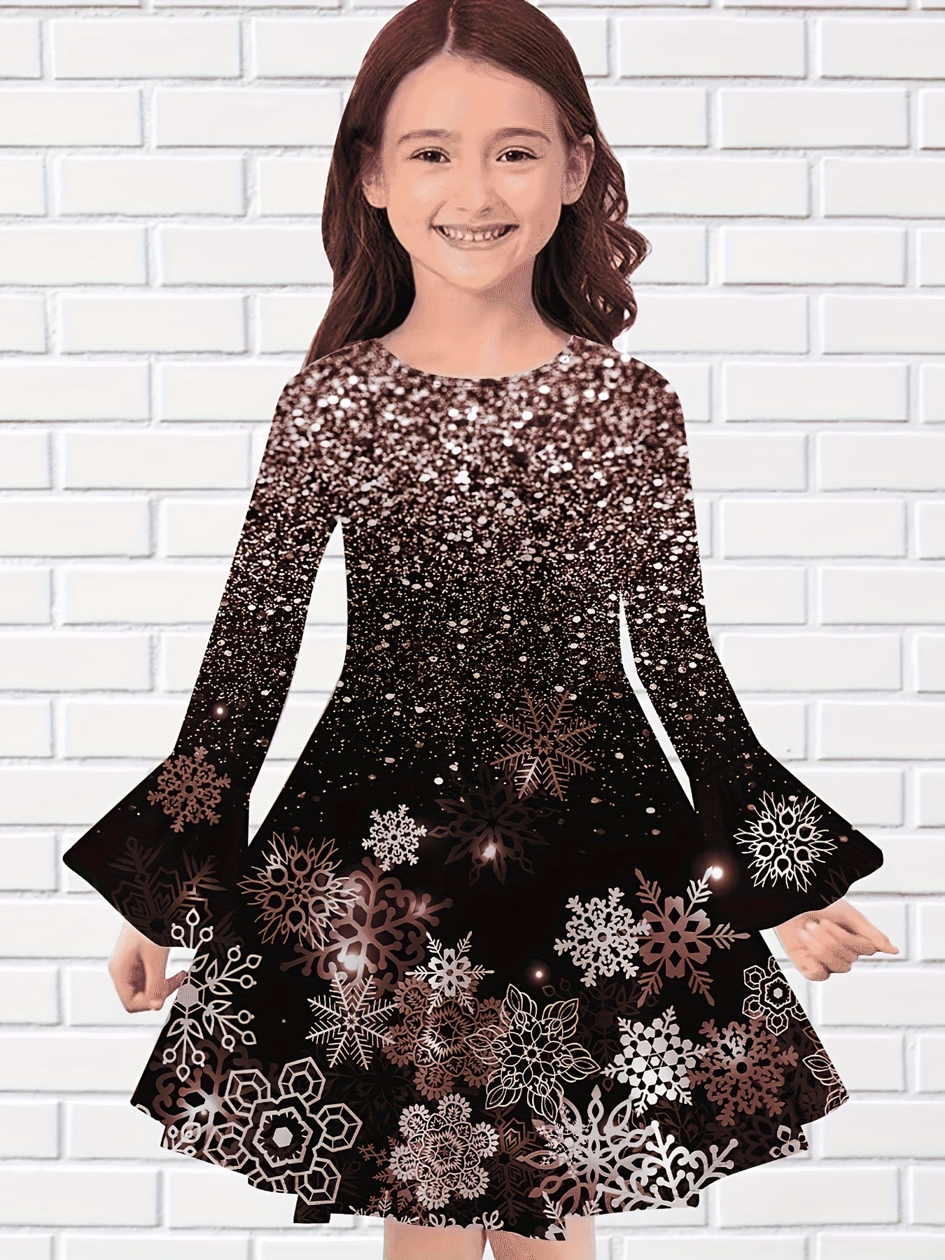 Girls Snowflake Graphic Sequin Print Flare Sleeve Dress Comfy Dresses