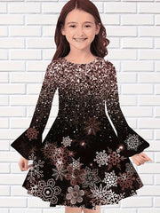 Girls Snowflake Graphic Sequin Print Flare Sleeve Dress Comfy Dresses