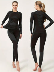 2Pcs Thermal Underwear Set Long Sleeve Round Neck Base Layer Top & Leggings
