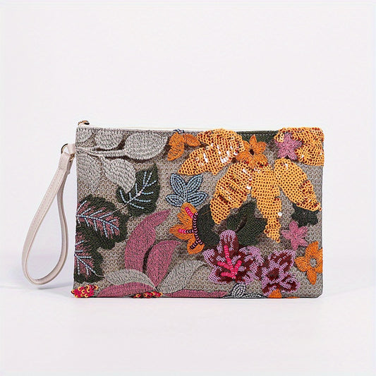 Embroidery Clutch Straw Bag Sequin Flower Handbag Women's Woven Square Purse