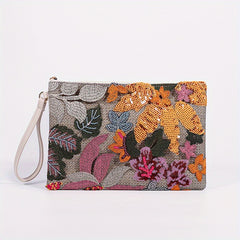 Embroidery Clutch Straw Bag Sequin Flower Handbag Women's Woven Square Purse
