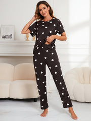 Heart Print Pajama Set Short Sleeve Crew Neck Top & Elastic Waistband Pants