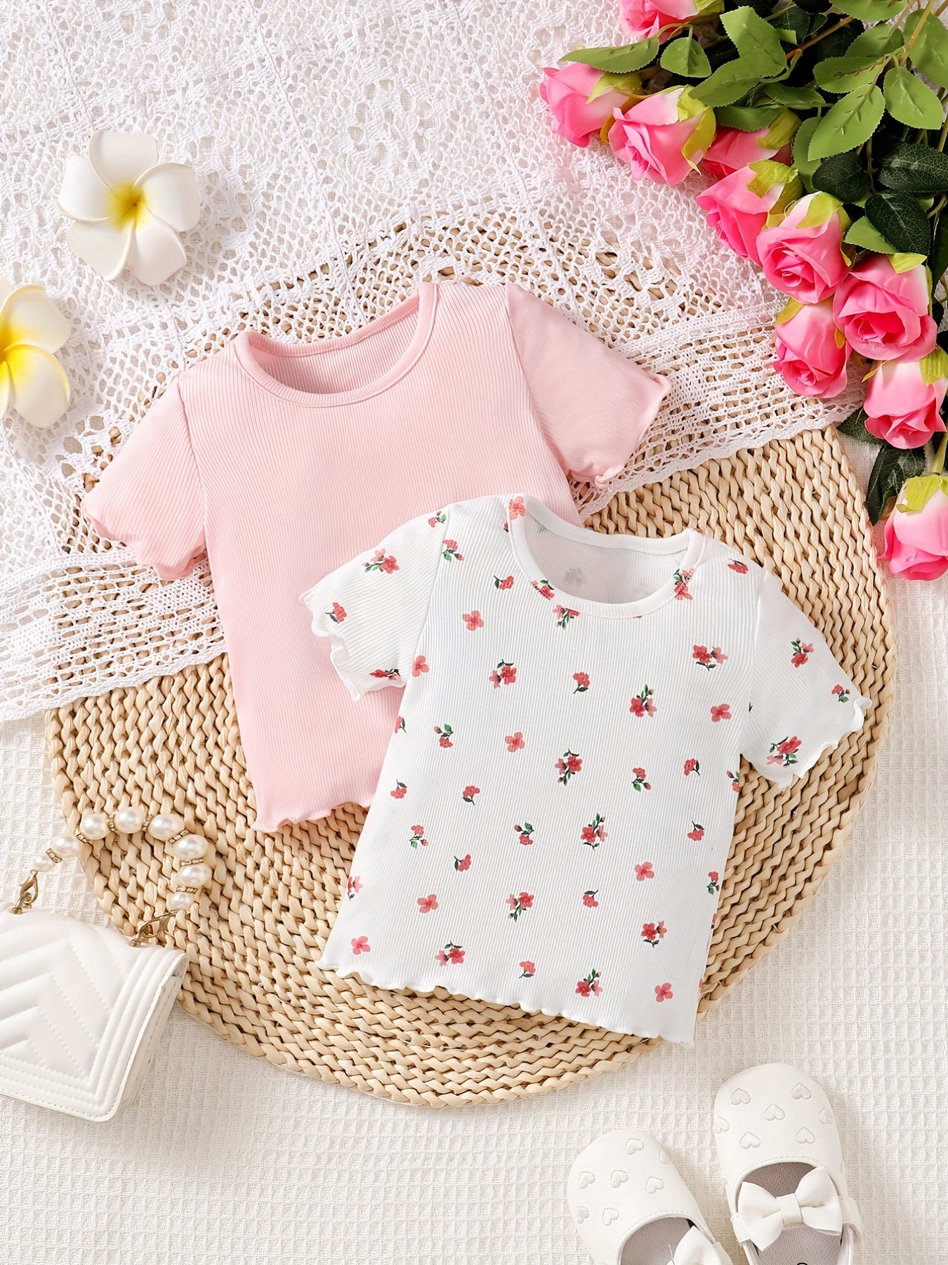 Baby Girl's Pink & Ditsy Floral All Match T shirts 2pcs Te Tops Set