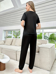 Letter Pattern Lounge Set Short Sleeve Round Neck Top & Loose Bow