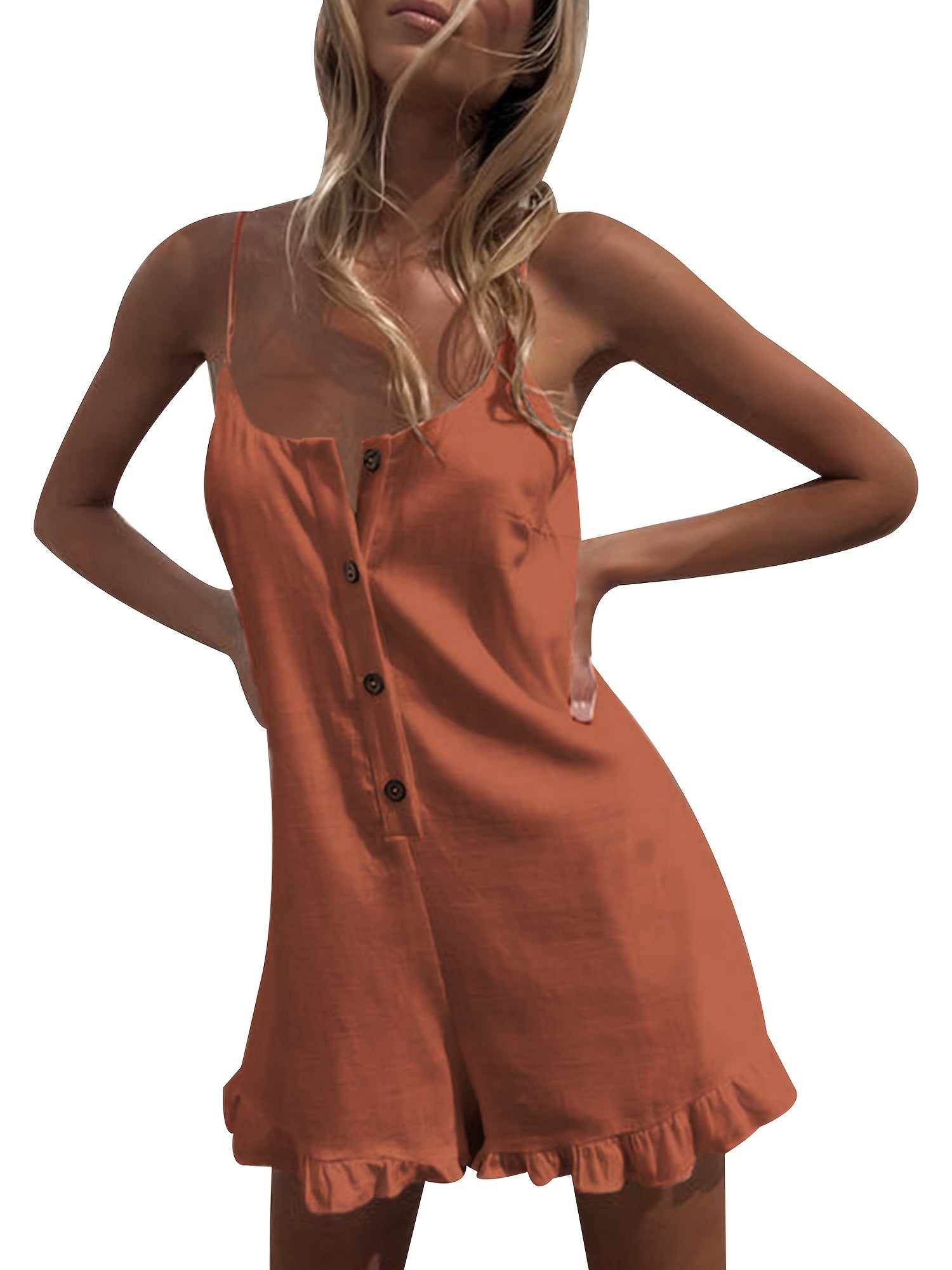 Boho Ruffle Trim Jumpsuit Button Front Casual Sleeveless