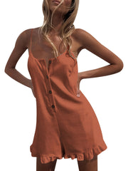 Boho Ruffle Trim Jumpsuit Button Front Casual Sleeveless