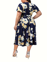Floral Print Short Sleeve Midi Dress With Belt