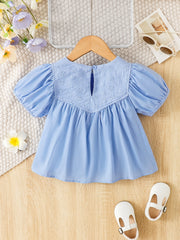 Girls Casual Puff Sleeve Flower Blouse Short Sleeve Top