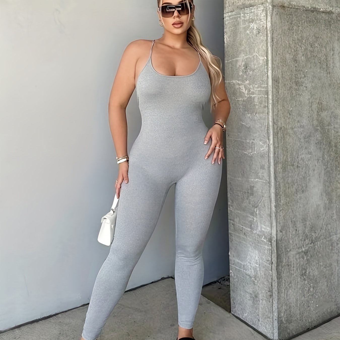 Solid Slim Cami Jumpsuit Sleeveless Cross Back Jumpsuit