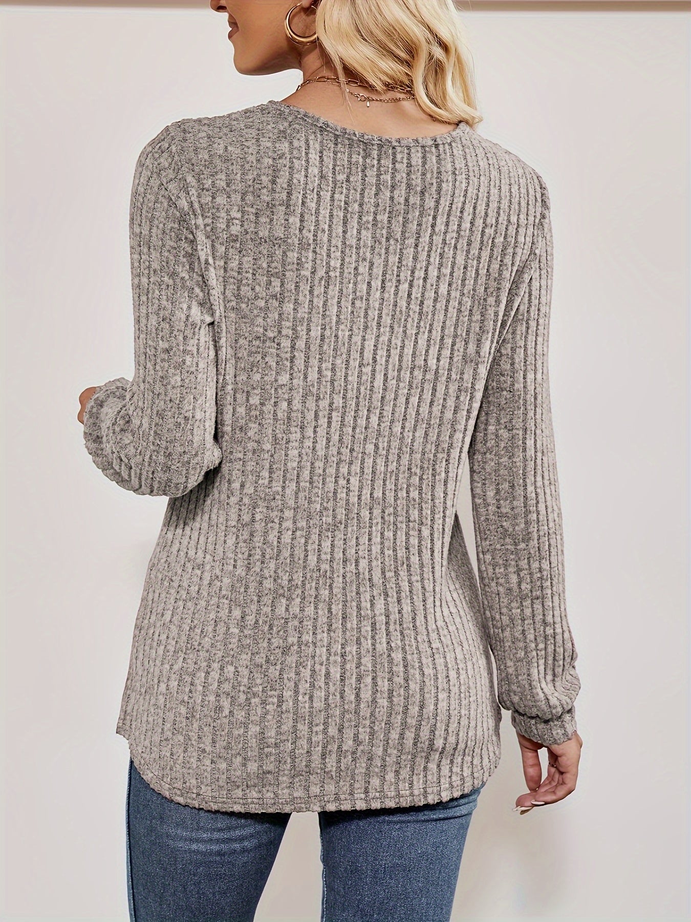 Solid Ribbed Knit Long Sleeve Wrap V Neck Top
