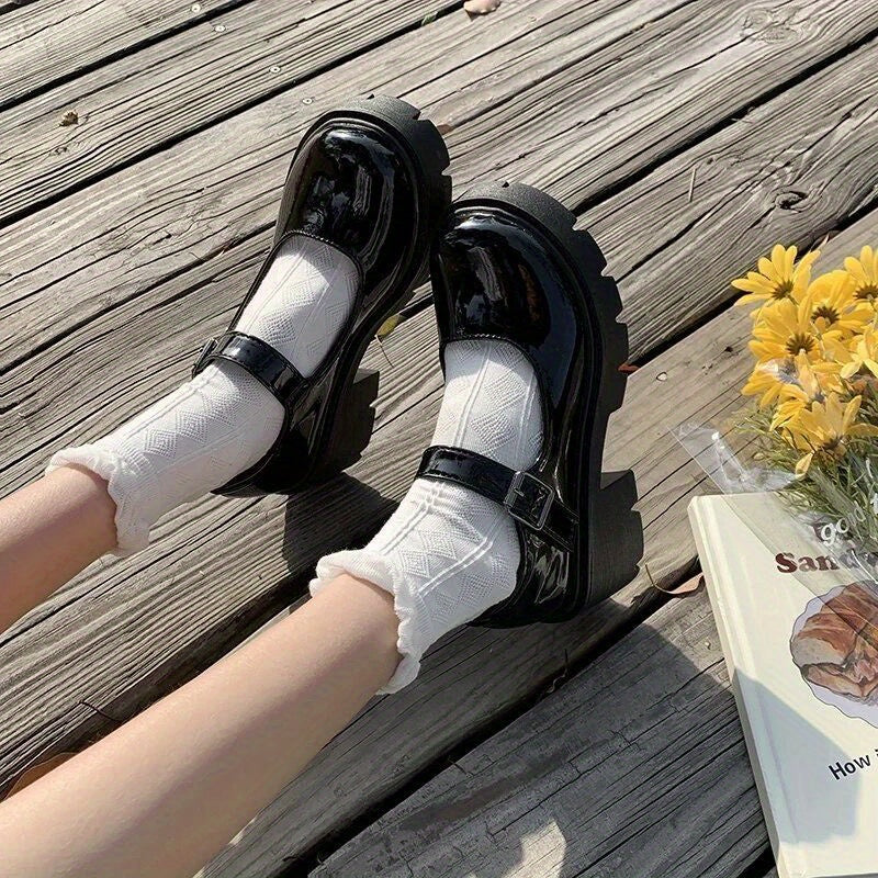 Women's Platform Round Toe Buckle Strap Chunky Heeled Loafers