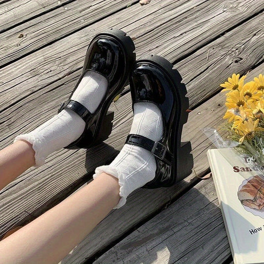 Women's Platform Round Toe Buckle Strap Chunky Heeled Loafers