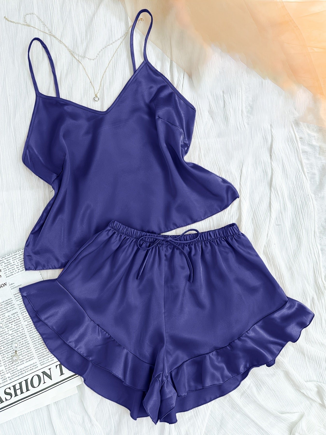 Satin Pajama Set V Neck Cami & Ruffle Shorts Sleepwear