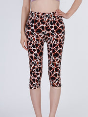 Coffee Stone Print Capris Leggings Casual High Waist Elastic Bottoms Slim Capris