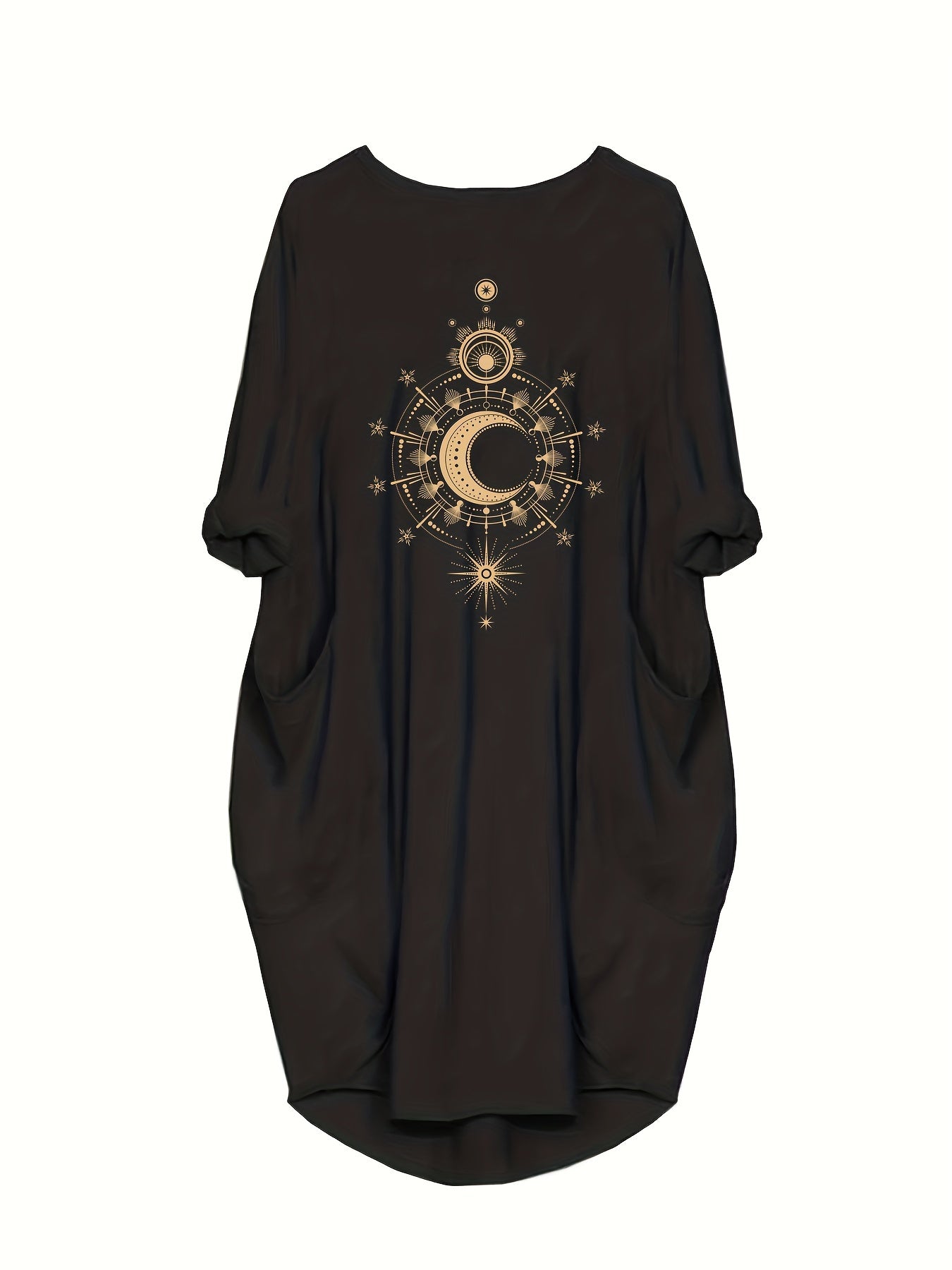 Women's Plus Moon & Sun Print Roll Up Sleeve Round Neck Dress