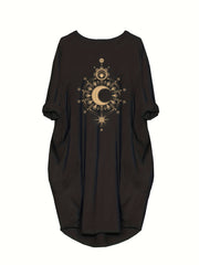Women's Plus Moon & Sun Print Roll Up Sleeve Round Neck Dress