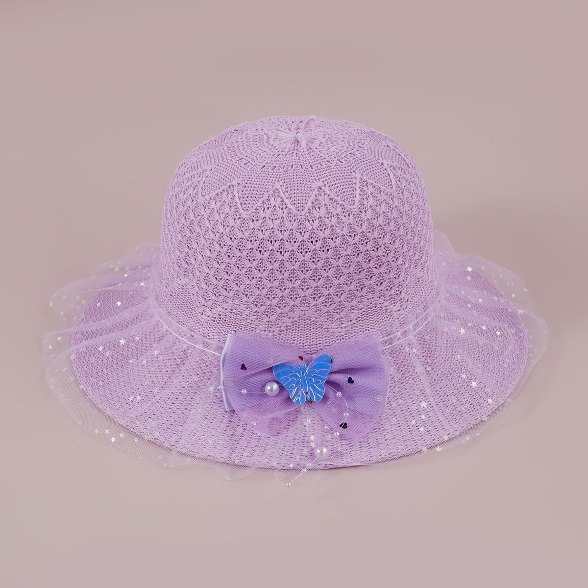 Girls Faux Pearl Bow Lace Hat Straw Sun Protection Kids Accessories