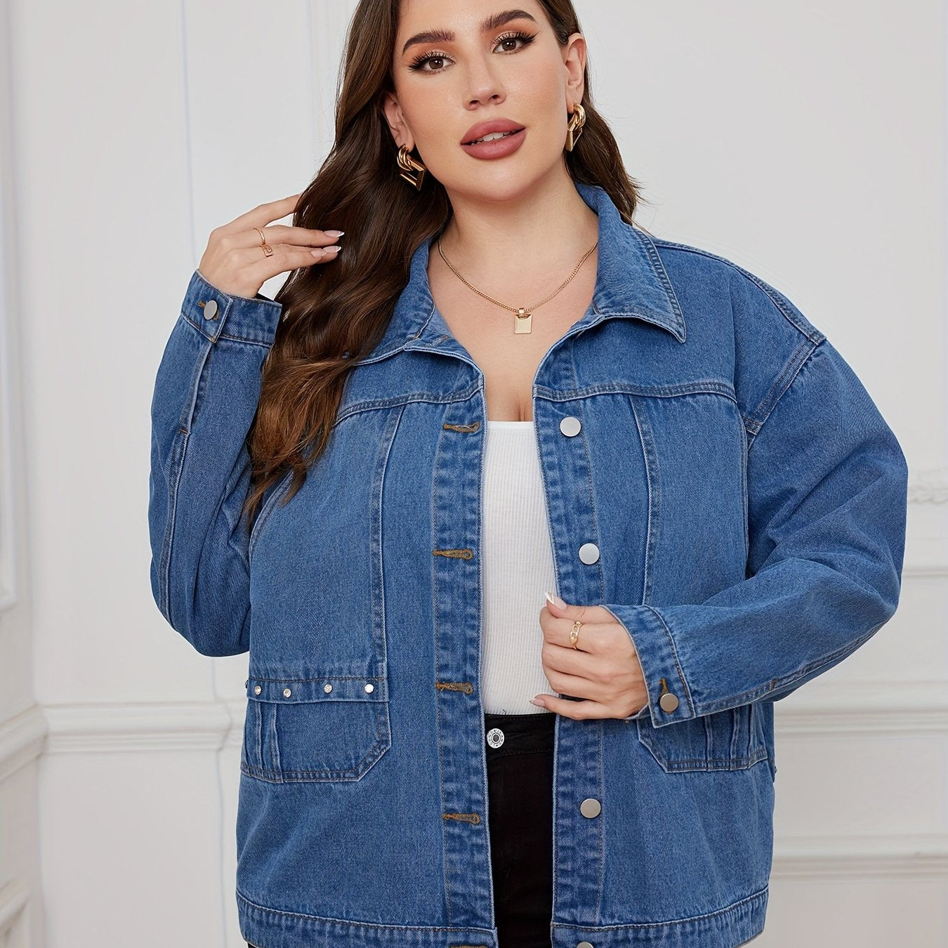 Denim Top Women's Solid Pipping Button Up Long Sleeve Jacket