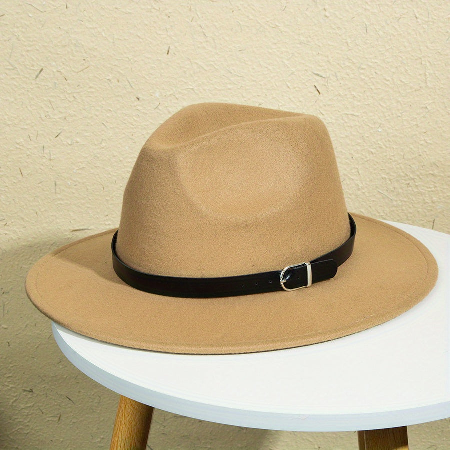 Metal Buckle Decor Big Brim Jazz Hat Men Women Retro Top Hat