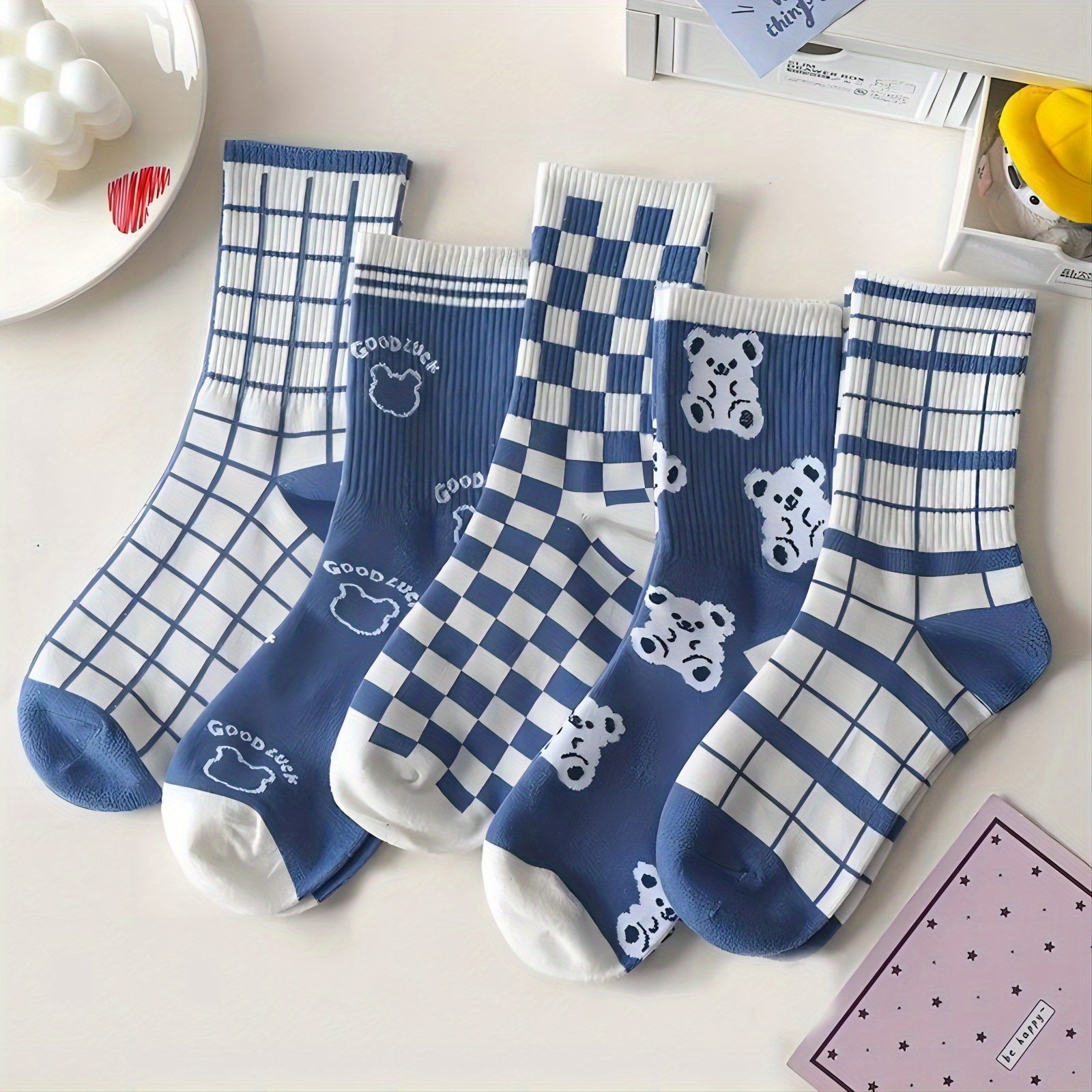 5 Pairs Bear & Plaid Print Socks Mid Tube Women's Stockings