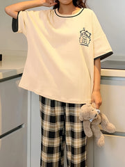 Bear Print Pajama Set Short Sleeve Top & Plaid Pants