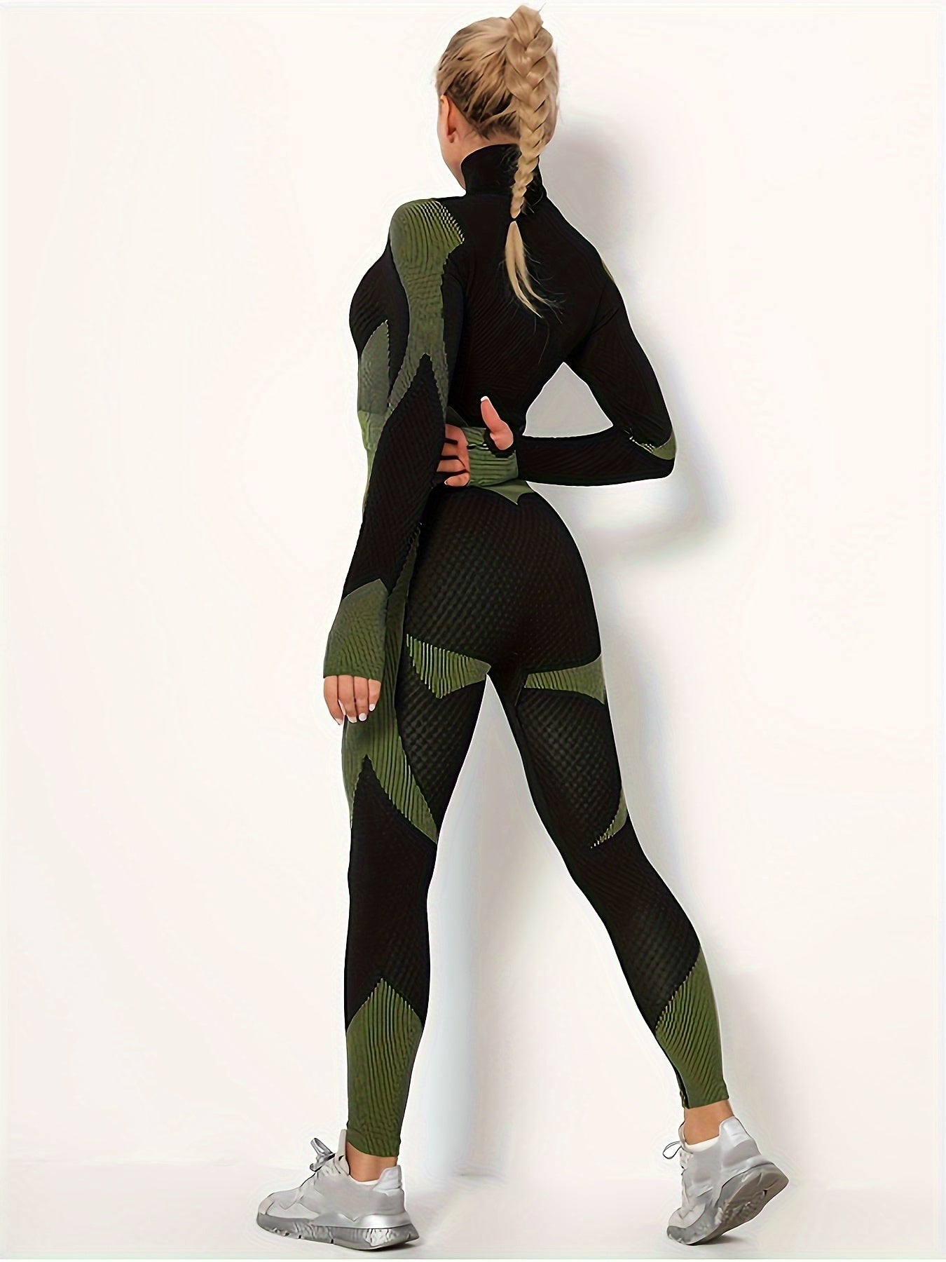 2pcs Yoga Workout Set Long Sleeve Zip Up Sports Tops & Leggings Suit