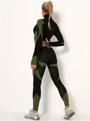 2pcs Yoga Workout Set Long Sleeve Zip Up Sports Tops & Leggings Suit