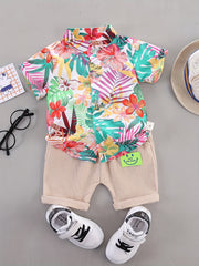 2pcs Baby Boys Cotton Flower Graphic Short Sleeve Casual Tees & Pants