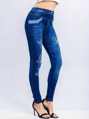 Denim & Butterfly Print Leggings Casual Stretchy Leggings