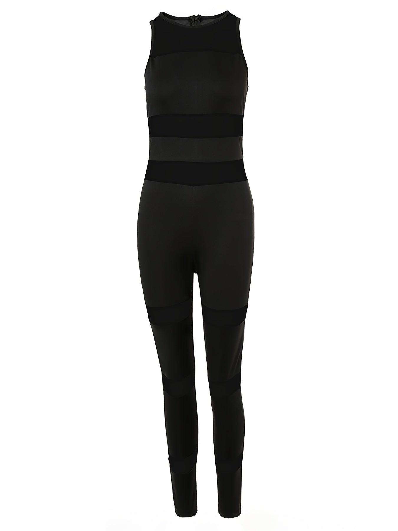 Solid Mesh Stitching Skinny Jumpsuit Crew Neck Sleeveless Jumpsuit