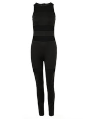 Solid Mesh Stitching Skinny Jumpsuit Crew Neck Sleeveless Jumpsuit