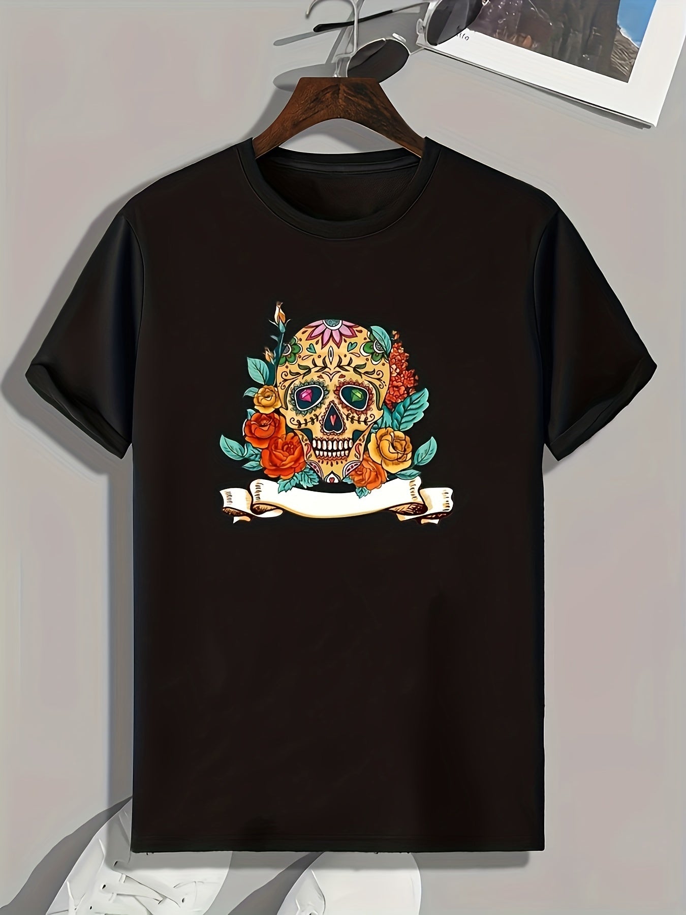 Skull And Flowers Print Men's Graphic T shirt Casual Comfy Tees