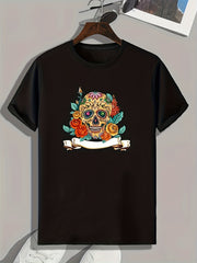 Skull And Flowers Print Men's Graphic T shirt Casual Comfy Tees